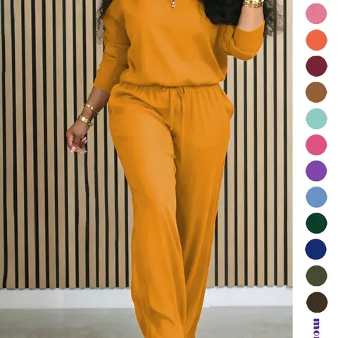 Women's Solid Half Placket Split Hem Pants Set, Casual Minimalist Long Sleeve Top & Pocket Wide Leg Trousers for Summer, Ladies Clothes for Daily Wear, Womenswear