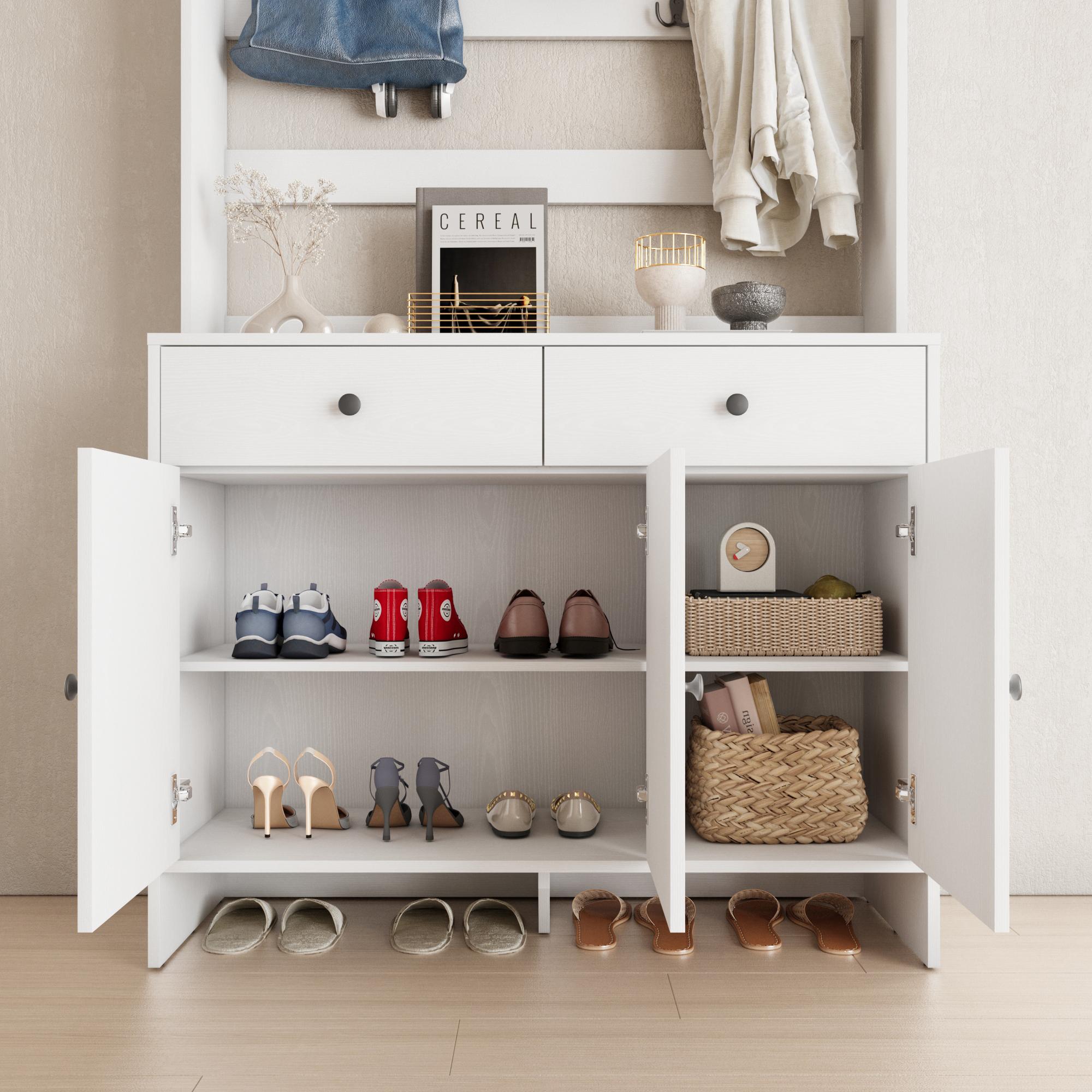 Hall Tree Entryway Table with Coat Rack, Shoe Cabinet 3 Door 2 Drawer with Adjustable shelves, for Hallway, Entryway, Bedroom