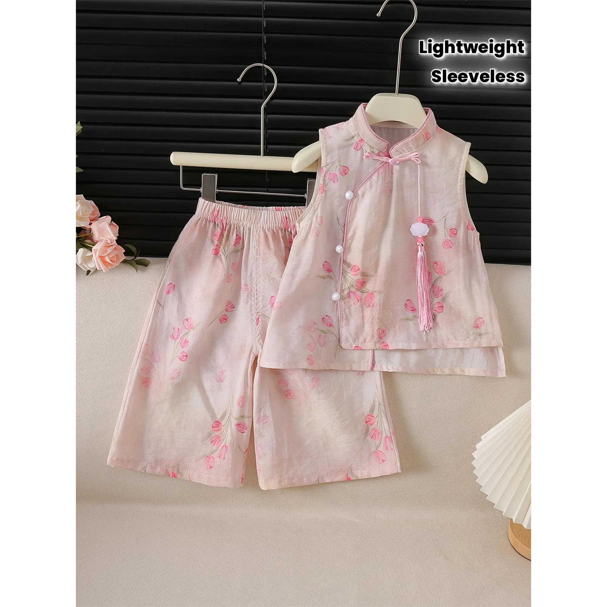 Random Print 3pcs Set: Ethnic Style Tulip Sleeveless Open Front Top + Printed Straight-Leg Pants + Ethnic Style Pendant, Fashionable Girls' Summer Lightweight Outfit, Perfect for Outdoor