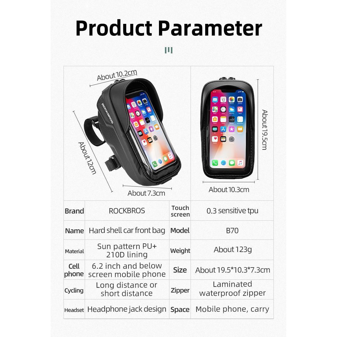 ROCKBROS Bike Phone Mount Bag Bike Front Frame Handlebar Bag Waterproof Bike Phone Holder Case Bicycle Accessories Pouch Sensitive Touch Screen Compatible with iPhone 11 XS Max XR 8 Plus Below 6.5"