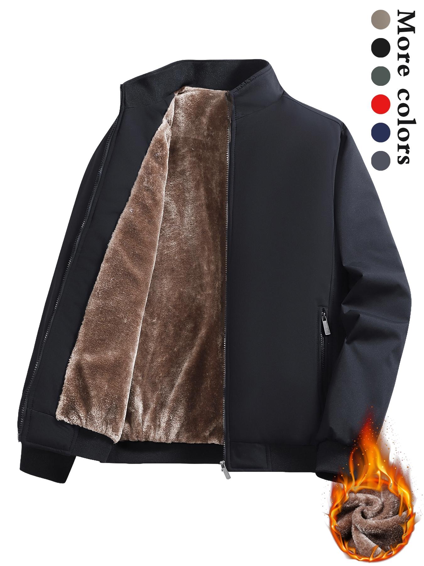 Men's Solid Color Plain Zip Up Thermal Lined Jacket Coats, Regular Fit Fitted Casual Long Sleeve Short Outerwear for Fall & Winter, Men's Clothes for Daily Wear