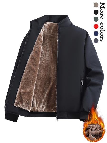 Men's Solid Color Zip Up Thermal Lined Jacket, Regular Fit Casual Long Sleeve Outerwear for Fall & Winter, Men's Clothes for Daily Wear