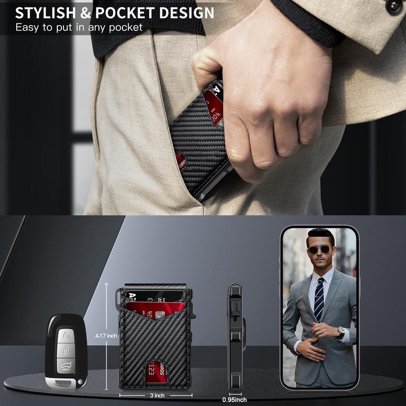 Men's Minimalist Bifold Wallet with AirTag Compartment & RFID Blocking - Pop-Up Quick Access Card Holder, Holds 12 Cards + Cash, Carbon Fiber - Perfect Gift (AirTag Not Included)