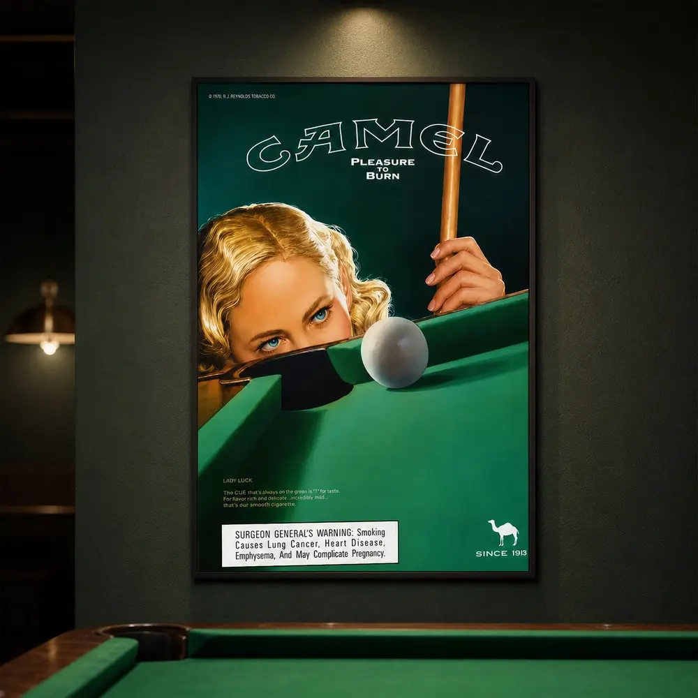 Vintage Camel Pinup Poster, Pool Hall Wall Art, Retro Pinup Style Waterproof Print, Man Cave Decor for Bedroom, Game Room, Bar, Living Room, Dorm, Lounge, Vintage Gift for Bar Lovers and Men
