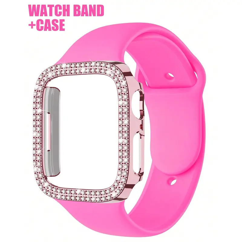 Double Row Diamond-Encrusted Hard PC Protection Durable Case + Sport Silicone Strap, Smart Watch Accessories for Apple Watch, Compatible with Ultra/11/10/9/8/7/6/5/4/3/se, Smartwatch Accessories, Wearable Accessories