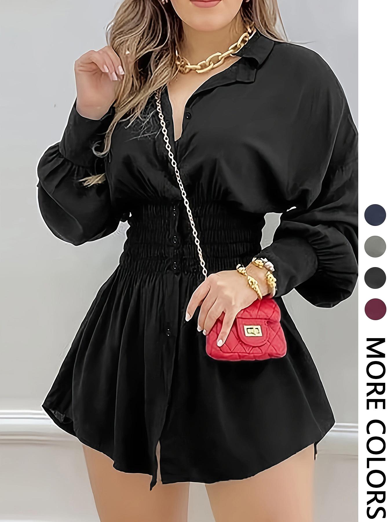 Women's Fashion Trendy Solid Color Pleated Waist Long Sleeve Dress, Casual Fitted Style, All Seasons Wear, Plain Pattern