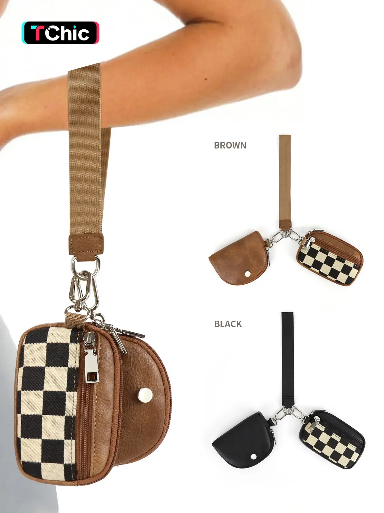 Women's Checkered Pattern Zipper Short Wallet with Detachable Keychain, Casual Versatile 2 in 1 Wristlet Wallet, Trendy All-match Card Holder for Daily Use, Zipper Coin Purse, Plaid Pattern Wallet, Keychain Wristlet Wallets