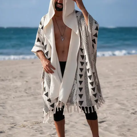 Men's Hooded Beach Kaftan – Bohemian Tribal Print, Lightweight Summer Cover-Up for Vacation & Festival, Beach Outdoor Wear, Beach Cover Ups, Beach Coverups