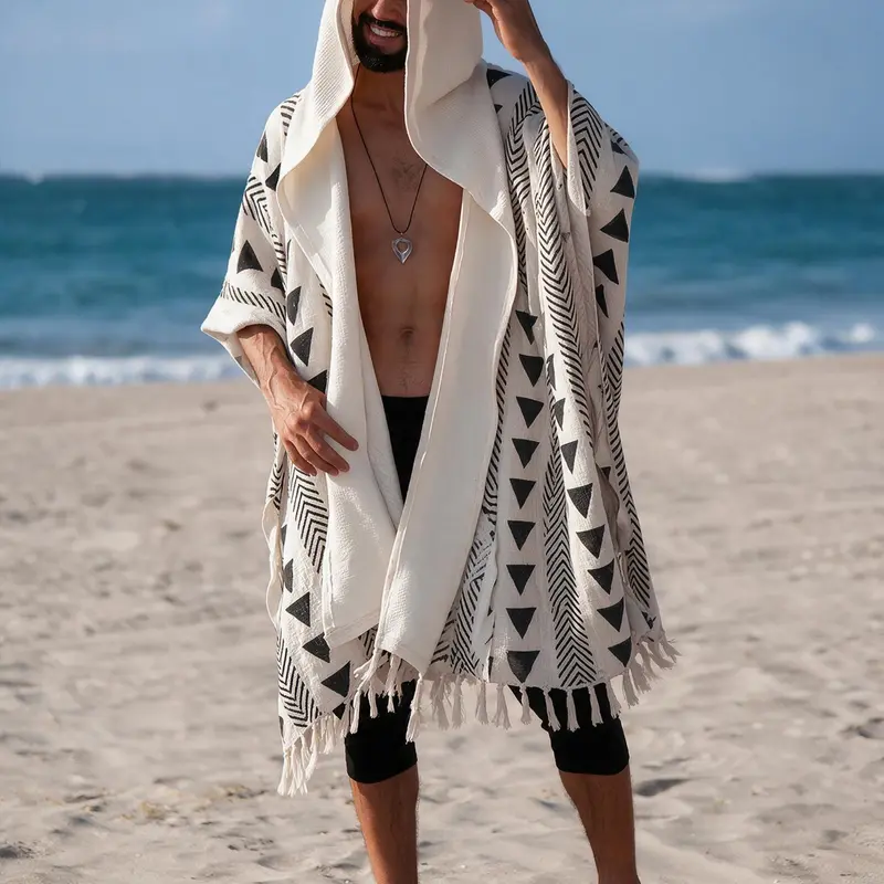 Men's Hooded Beach Kaftan – Bohemian Tribal Print, Lightweight Summer Cover-Up for Vacation & Festival, Beach Outdoor Wear, Beach Cover Ups, Beach Coverups