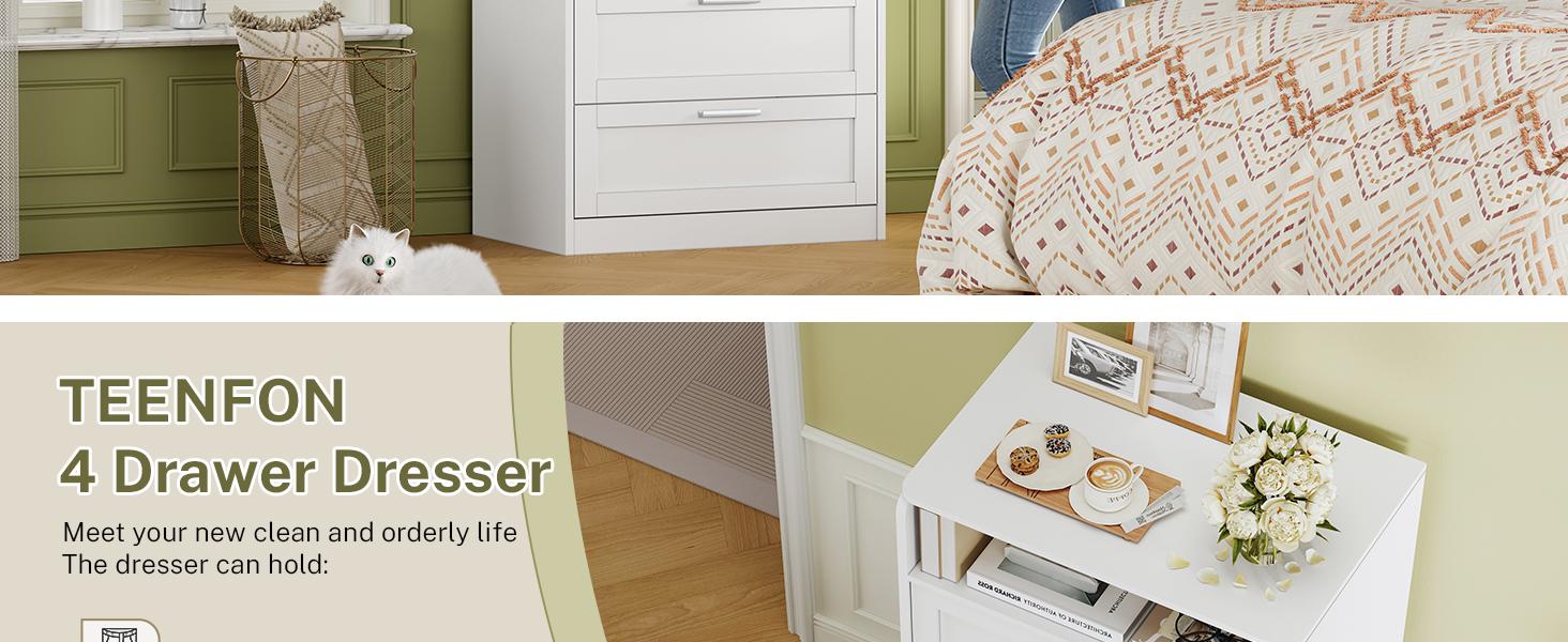 Dresser for Bedroom, Tall White Dresser with 4 Drawers, Dressers with Mirror, Chest of Drawers for Bedroom, Living Room, Closet, Hallway, White