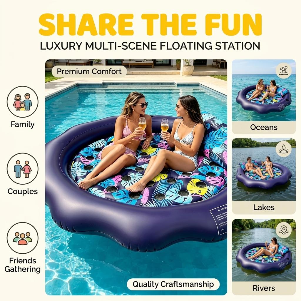Round Edge Inflatable Sunbathing Pool, 77x77 Inch Thick PVC with Pillow and Drink Holder, Outdoor Floating Lounge Chair, Summer Essential, Swim Ring, Swimming Ring, Pool Floater, Pool Floatie