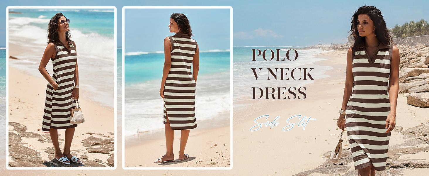 Wenrine Women's Striped Summer Dress Casual Polo V Neck Sleeveless Slit Loose Fit T Shirt Midi Dresses