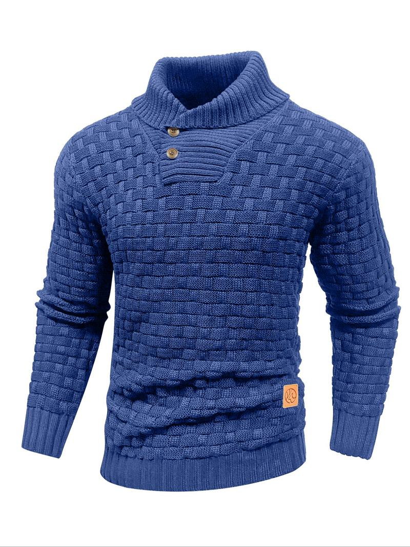 Men's Regular Textured Patched Detail Shawl Collar Sweater, Casual Long Sleeve Jumper for Fall & Winter, Fashion Men's Knitwear for Daily Wear, Longsleeves