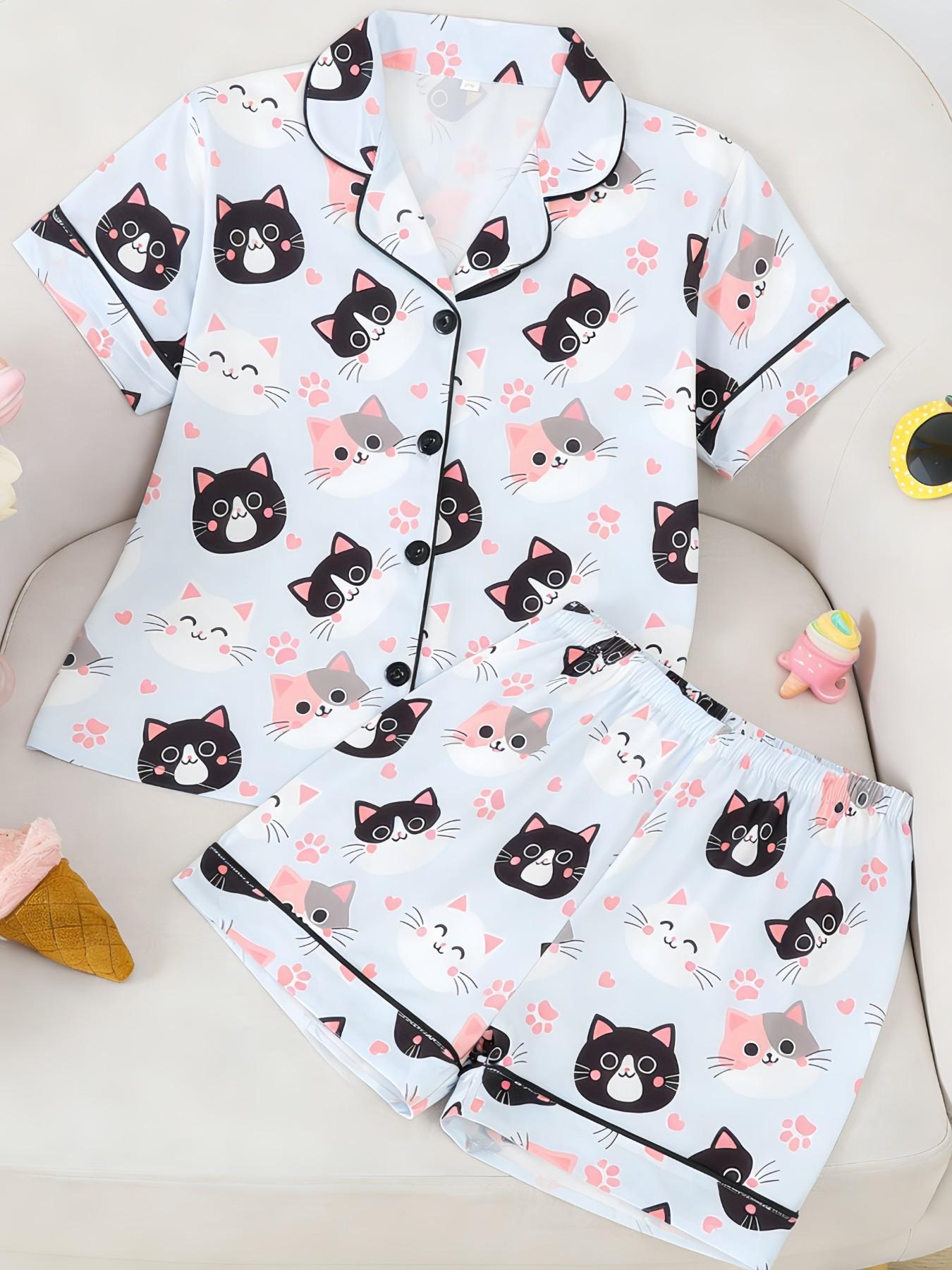 2-Piece Kids Pajama Set, Cartoon Cat Footprint Pattern, Fashion Open-Cardigan Short Sleeve, Flame-Retardant Knit, All Seasons, Party Gift