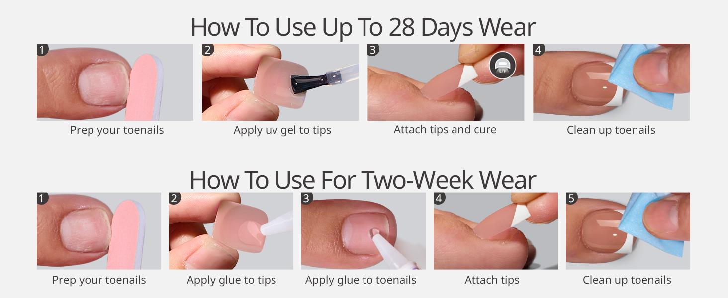 BTArtbox Press On Toenails - Real Square Toe Nail Press Ons with Glue for Women, French Tip Fake Toe Nail Tips in 15 Sizes - 30 Toenails Kit