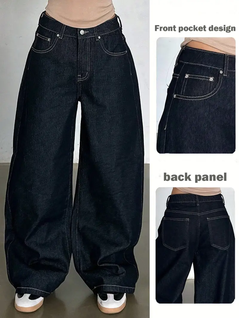High Waist Dark Wide Leg for Women, American Street Style, Loose Fit, Long Streetwear Denim Pants with Multiple Pockets, All Seasons
