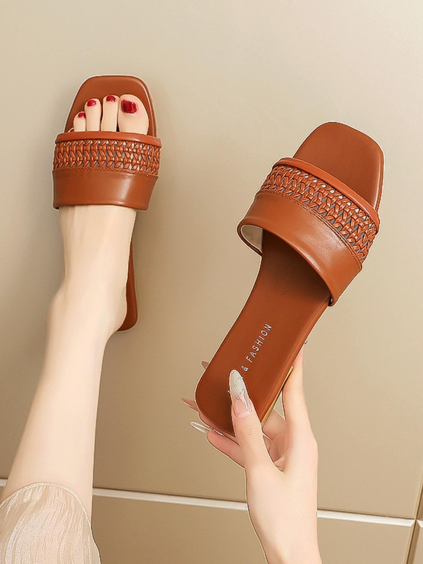 Women's Braided Hollow Out Square Toe Sandals, Casual Flat Slip-On Shoes, Trendy Summer Fashion Footwear