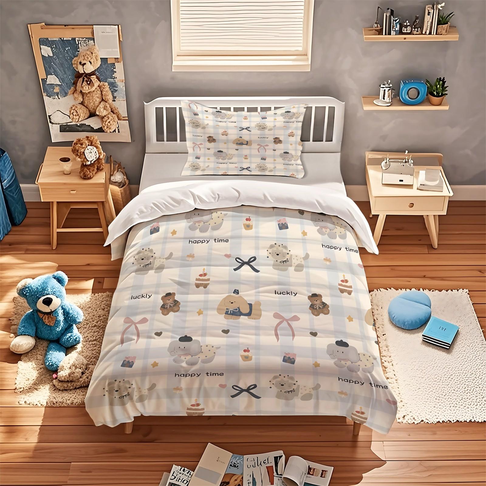 3-Piece Korean-Style Cute Cartoon Bear Checkered Duvet Cover Set, Perfect for Teenage Boys. Ultra-Soft Bedding, Fits a Double Bed. Full Queen-Size Duvet Cover Set (Filling Not Included)