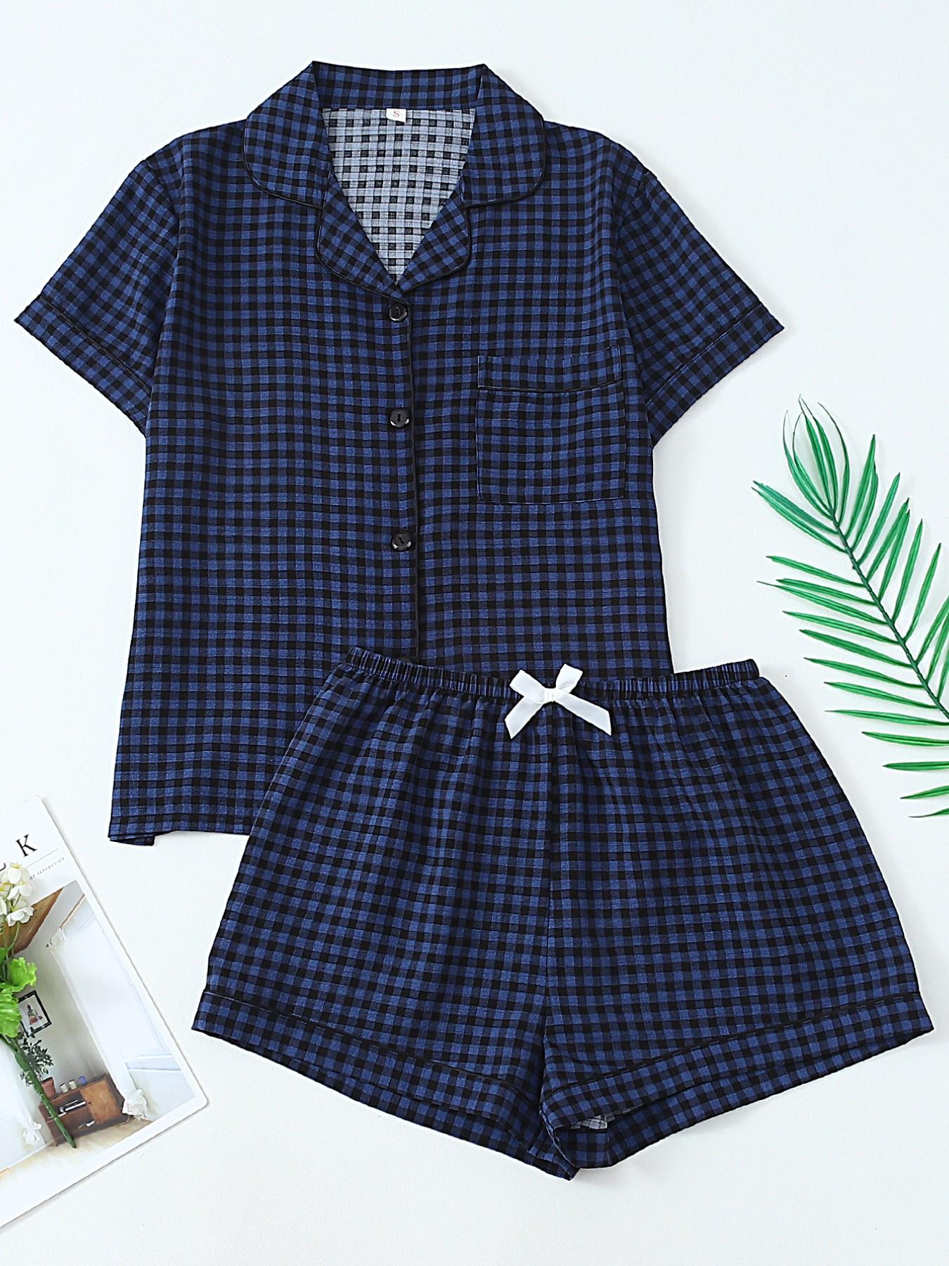 Women's Short Sleeve Button Down Top and Shorts Pajama Set, Spring Summer Wear, For Retro British Style Girls, Blue Black Gingham Print, Classic Lapel Collar, Loose Fit, Comfortable For Home & Short Trips