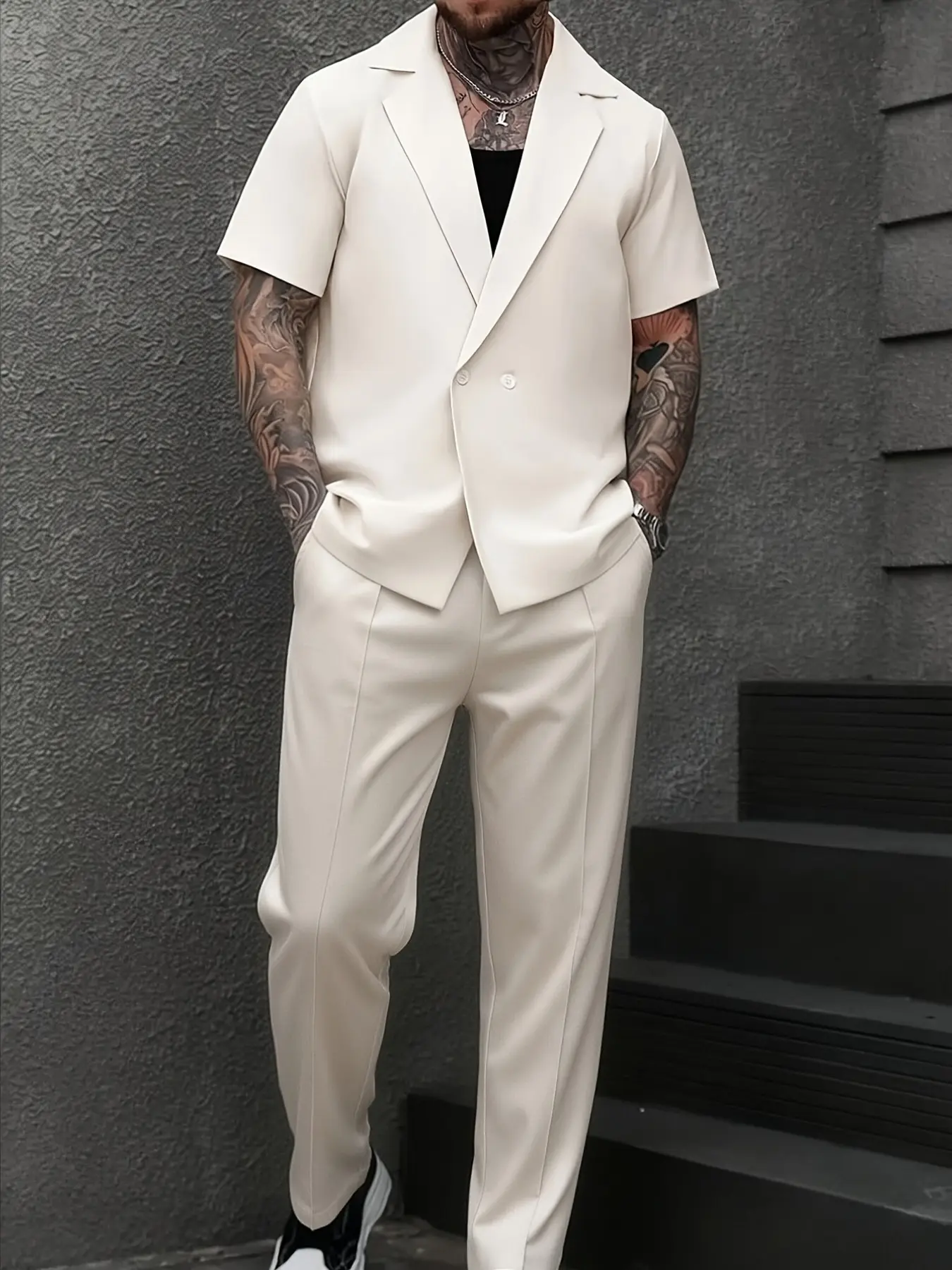 2026 New Men's Short Sleeve Suit Set, Casual Solid Color European Style, Commuter Blazer Two-Piece Set, Fashionable Business