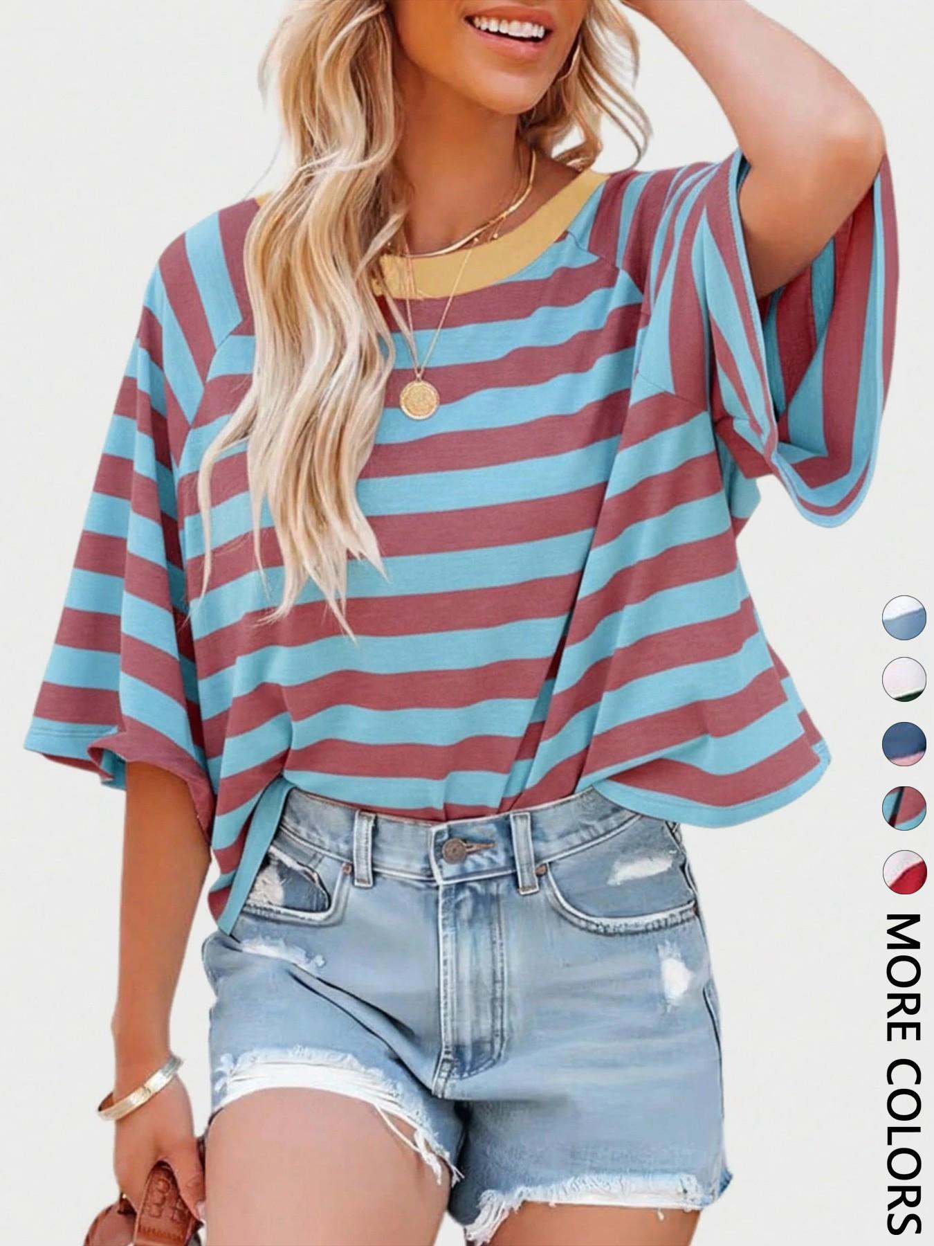 1 Piece Casual Minimalist Striped Pattern Round Neck Short Sleeve Loose Women's T-Shirt, Suitable For Summer, Oversized T Shirt