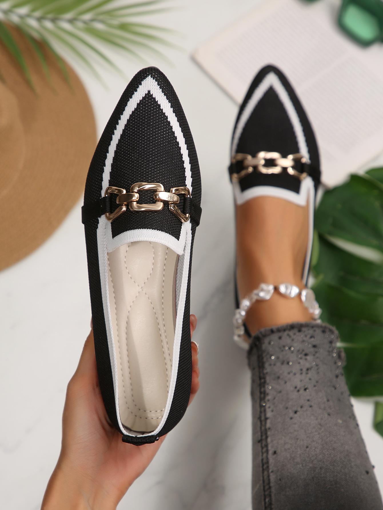 1 Pair Women's  Colorblock Knit Pointed Toe Metal Buckle Flat Loafers, Minimalist Commute Style Breathable Slip-On Shoes, Versatile Elegant Comfortable Professional Footwear for Office Work