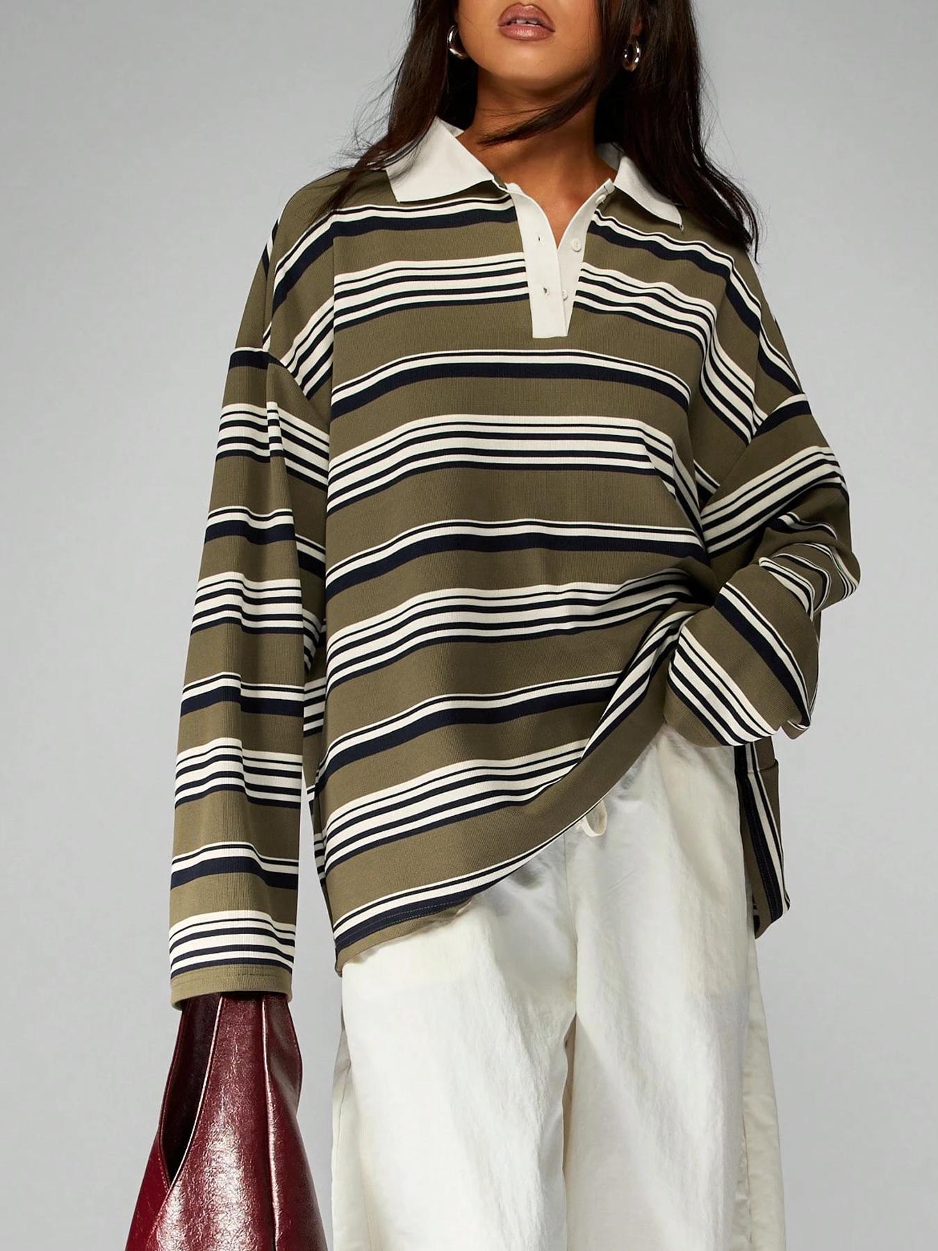Vintage Striped Collared T-Shirt, Casual Loose Fit, Daily Commute/dating, Comfortable and Stylish, Perfect for Everyday Wear Vintage Striped Collared T-Shirt, Casual Loose Fit, Daily Commute/dating, Comfortable and Stylish, Perfect for Everyday Wear