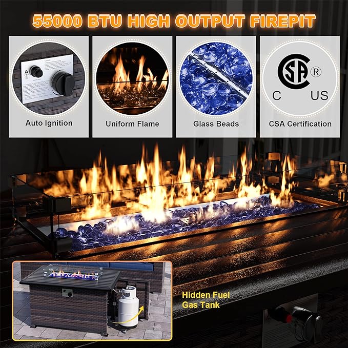 Patio Furniture 12 Pieces Set with Propane Fire Pit Table Outdoor Patio Furniture Outdoor Sectional Sofa 43" Gas Fire with transparent glass cover Pit Patio Conversation Set with Cushions