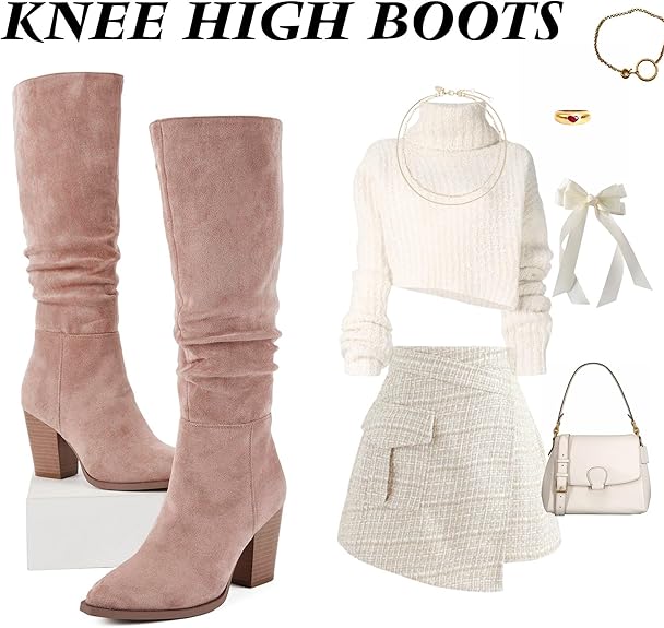 Women's Pointed Toe Knee High Boots Faux Suede Slouch Boots with Chunky Heel