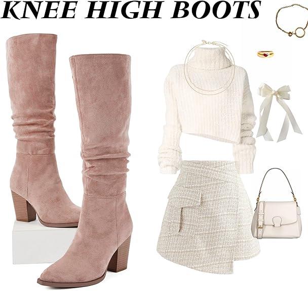 Women's Pointed Toe Knee High Boots Faux Suede Slouch Boots with Chunky Heel