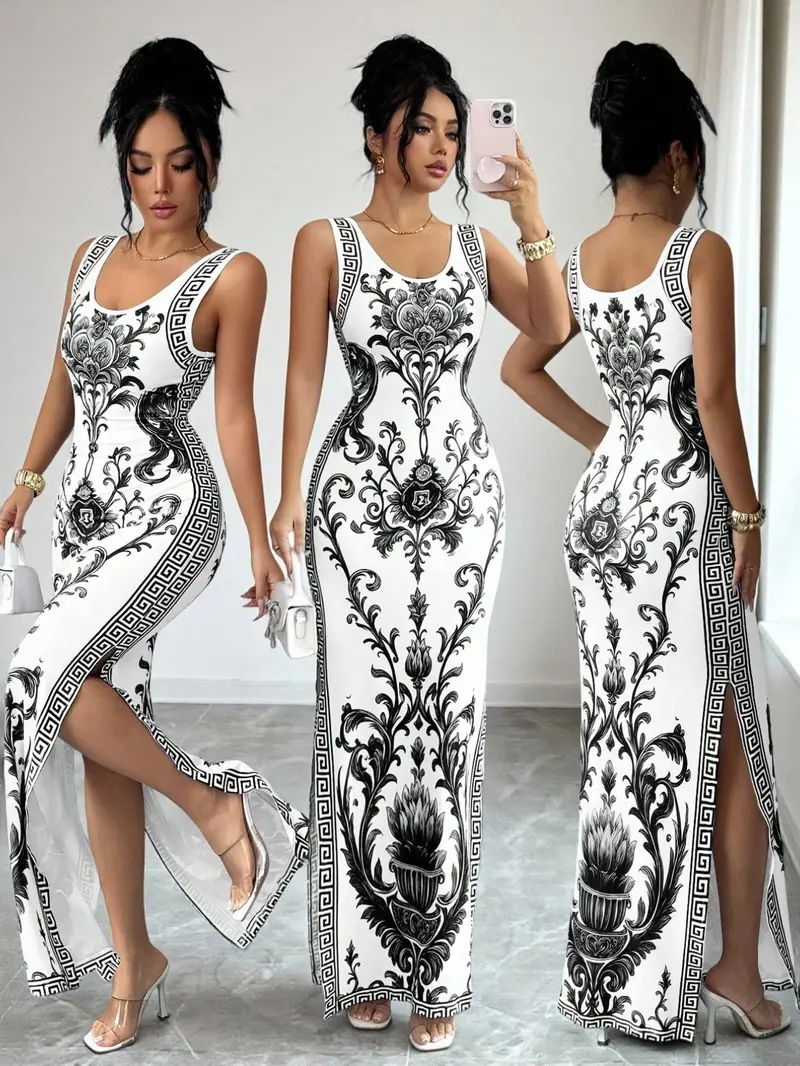 Elegant Printed Chinese Style Belted Split Hem Luxurious Chic Vintage Middle Eastern Uae Robe Gowns, New Arrival Maxi Print Dress Clothes