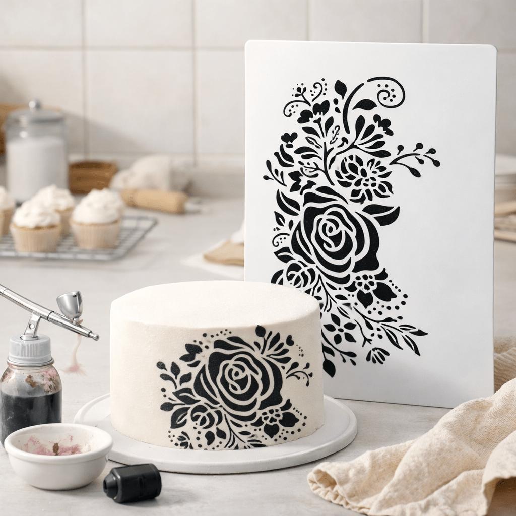 Reusable Rose Floral Cake Stencil Template, Food Grade PET Template for Sugar Cream, Fondant & Home DIY Painting