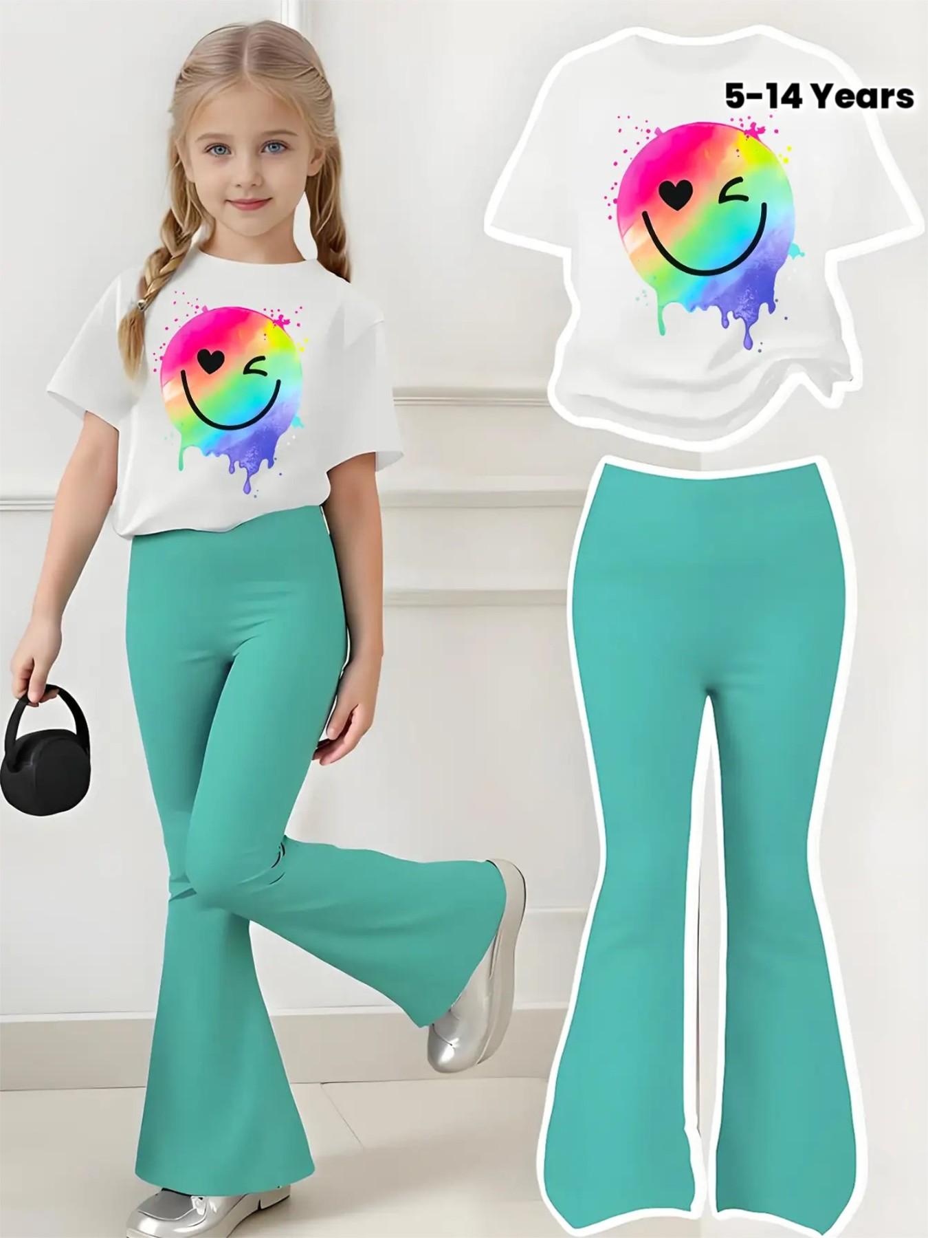 2pc Girls' Fashion Set, Short Sleeve T-Shirt & Bell Pants, Shark Print, Comfortable Round Neck, All Seasons, Casual Style