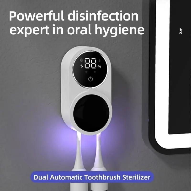 Double-person toothbrush disinfection device, equipped with LED intelligent screen, featuring intelligent sensing, automatic UV opening/closing, intelligent disinfection, air drying, hole-free wall mounting, detachable design, suitable for home use