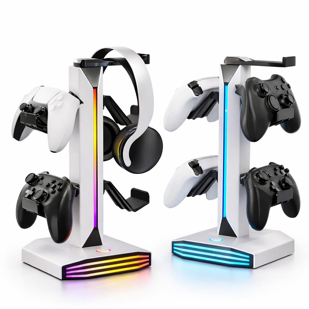 Headphone & Controller Stand with RGB Light, Rotatable Headset Stand, 9 Light Modes, 2 USB and Type-C Ports, Gaming Accessories