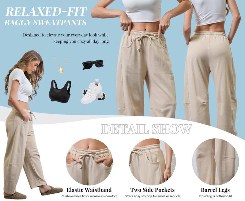 JovenPara Women's Barrel Leg Sweatpant Drawstring Elastic Waisted Wide Leg Pants Casual Cotton Palazzo Trousers with Pockets