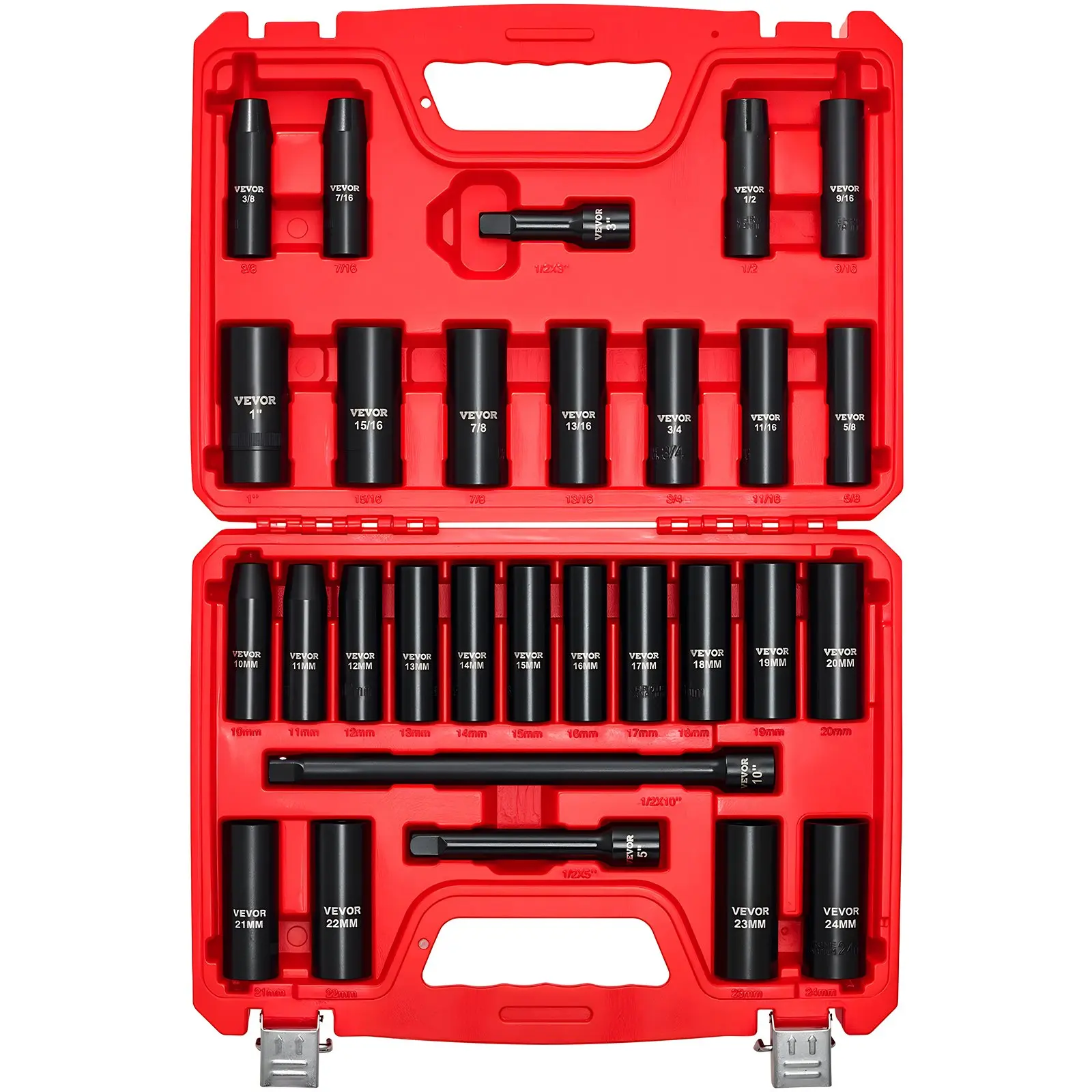 VEVOR 1/2 in Drive Deep Impact Socket Set, 29-Piece 6-Point SAE/Metric Sockets (3/8-1 in, 10-24 mm) with 3/5/10 in Extension Bars, Cr-V Steel, Heavy Duty Carrying Case