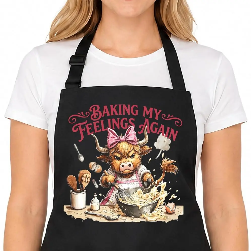 Funny Highland Cow Baking Apron With Pockets, Coquette Pink Cow Highland Cow Waterproof Adjustable Bib Apron For Kitchen Cooking Dishwashing Baking Grilling