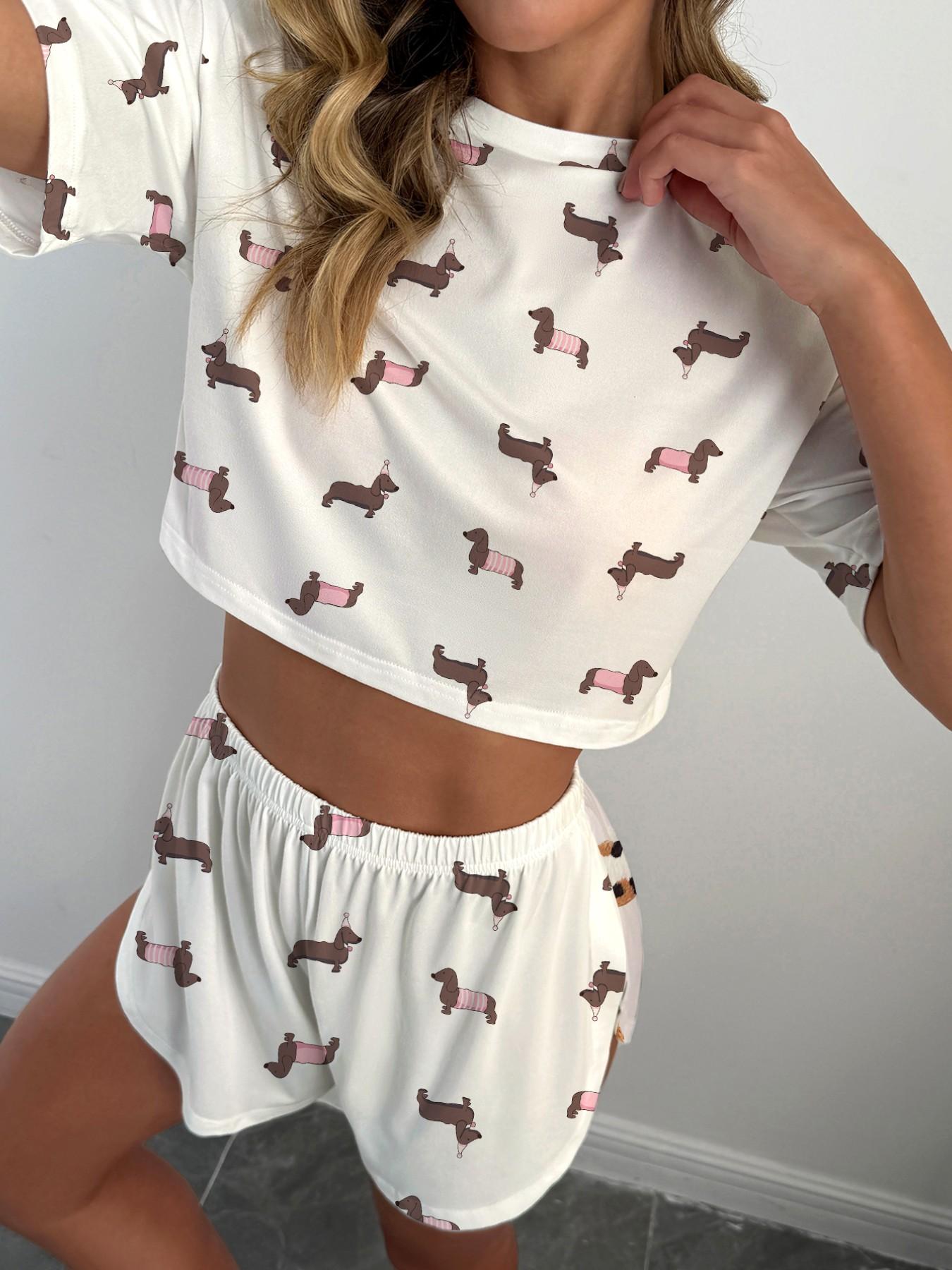 Women's 2-Piece Pajama Set, Casual Cute Weiner Dog Print, Loose-Fit Short Sleeve T-Shirt and Elastic Waist Shorts, Summer Sleepwear