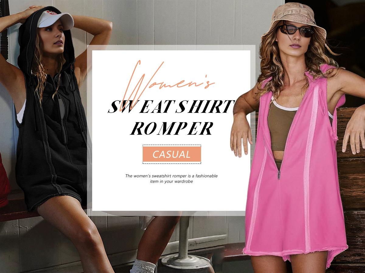 SCUSTY Women's Short Half Zipper Sports Jumpsuit  Leisure Sleeveless Loose hooded Athletic Romper Casual Summer Sweatshirt with Pockets for Fitness Outdoor