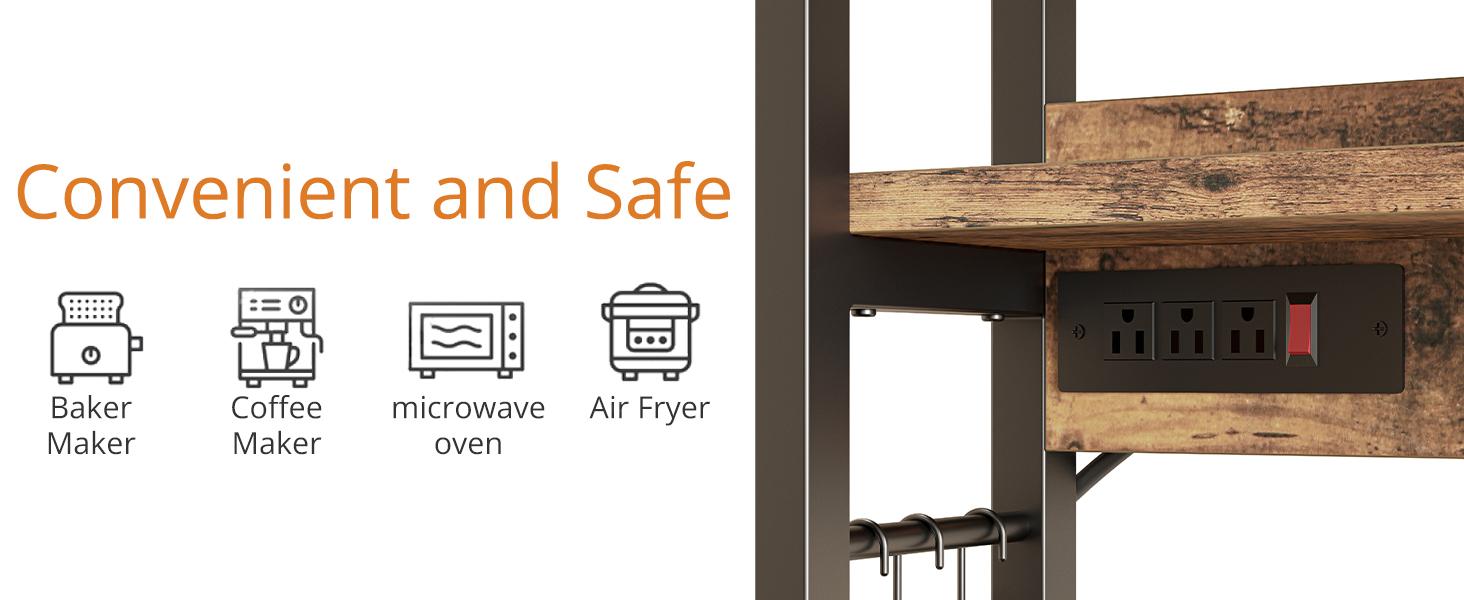 IRONCK Bakers Rack with Power Outlet, Microwave Stand with Storage, Coffee bar with 9 Hooks, 5 Tier Large Storage Capacity and Strong Metal Material for Kitchen, Vintage Brown Easy to Assemble IRONCK Bakers Rack with Power Outlet, Microwave Stand with Storage, Coffee bar with 9 Hooks, 5 Tier Large Storage Capacity and Strong Metal Material for Kitchen, Vintage Brown Easy to Assemble