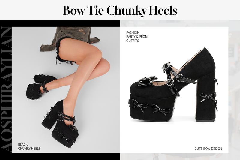 Platform Mary Jane Shoes for Women Cute Bow Buckle High Chunky Heel Cute Suede Dress Shoes Goth Pumps Shoes Uniform Oxfords Outdoor AOSPHIRAYLIAN