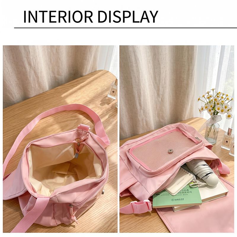 Women's Japanese School Style Canvas Shoulder Bag - Cartoon Theme, Zip Closure, Crossbody Strap, Ample Space for Casual Wear, Versatile Bookbag
