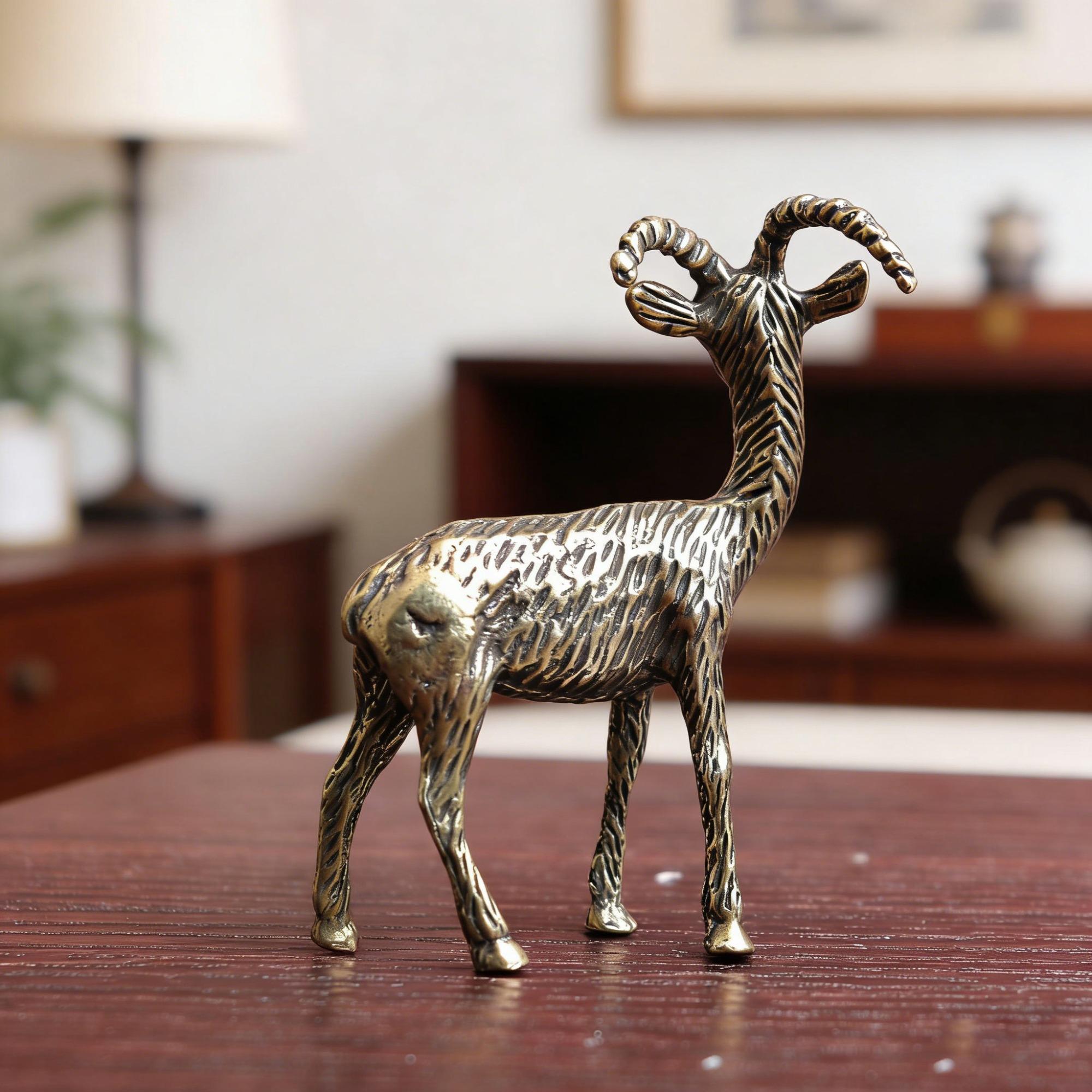 Two-Piece Brass Animal Statues, Vintage Style Goat and Long-Tailed Cat Figurines, Desktop Decor, Lucky Charm, Stress Relief Gift, Home Office Decoration
