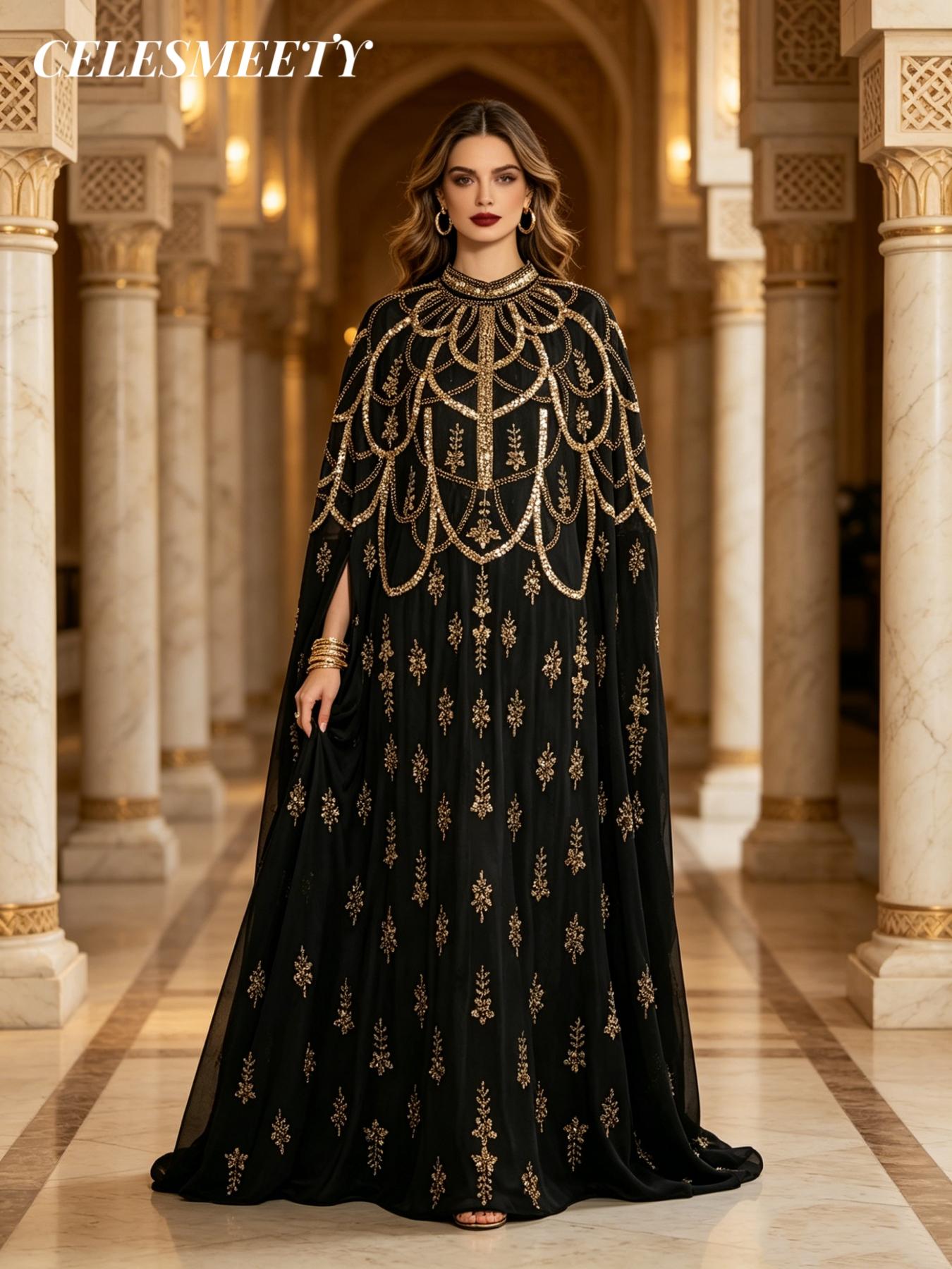 Celesmeety Muslim Sequin Long Robe, Plus Size Women's Islamic Clothing Mesh Kaftan, Jellabia Style Evening Gown, Elegant Dress for Holidays