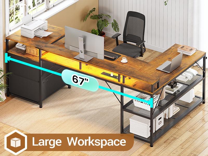 SEDETA 67" L Shaped Desk with Drawers, Computer Office Desk with Storage Shelves & Power Outlet, Reversible Gaming Desk with LED Lights for Home Office