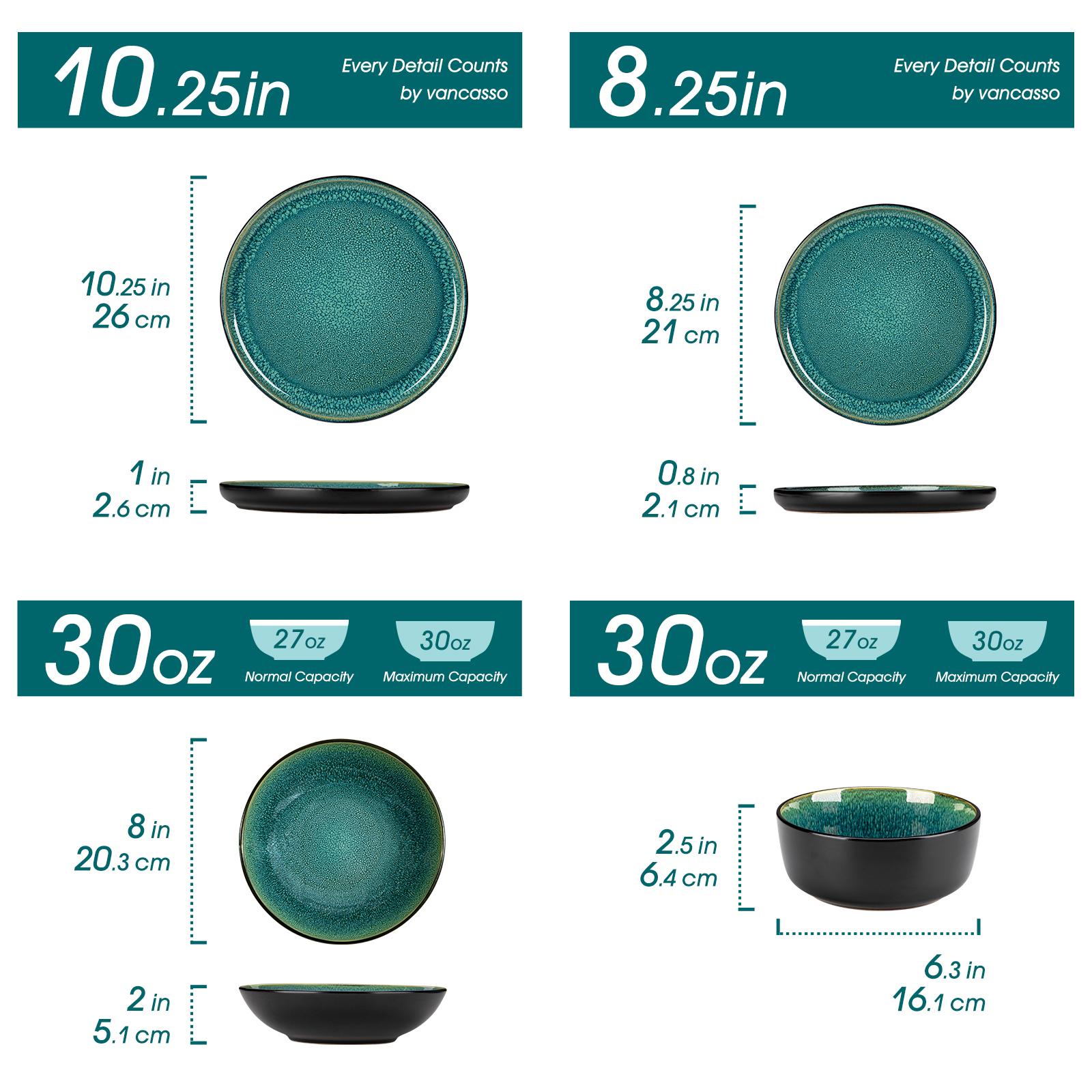 vancasso PLA Plates and Bowls Sets, 16/18/24 Pieces Stoneware Dinnerware Sets Dishes Set Modern kitchen Dishware Sets Service for 4-6 People, Dishwasher and Microwave Safe, Blue, Black, Green Set