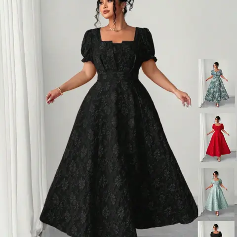 Plus Size Square Neck Fitted Formal Dress, Bubble Sleeve Design, Elegant Vintage Court Style, Perfect for Weddings, Dinners, Balls, Events