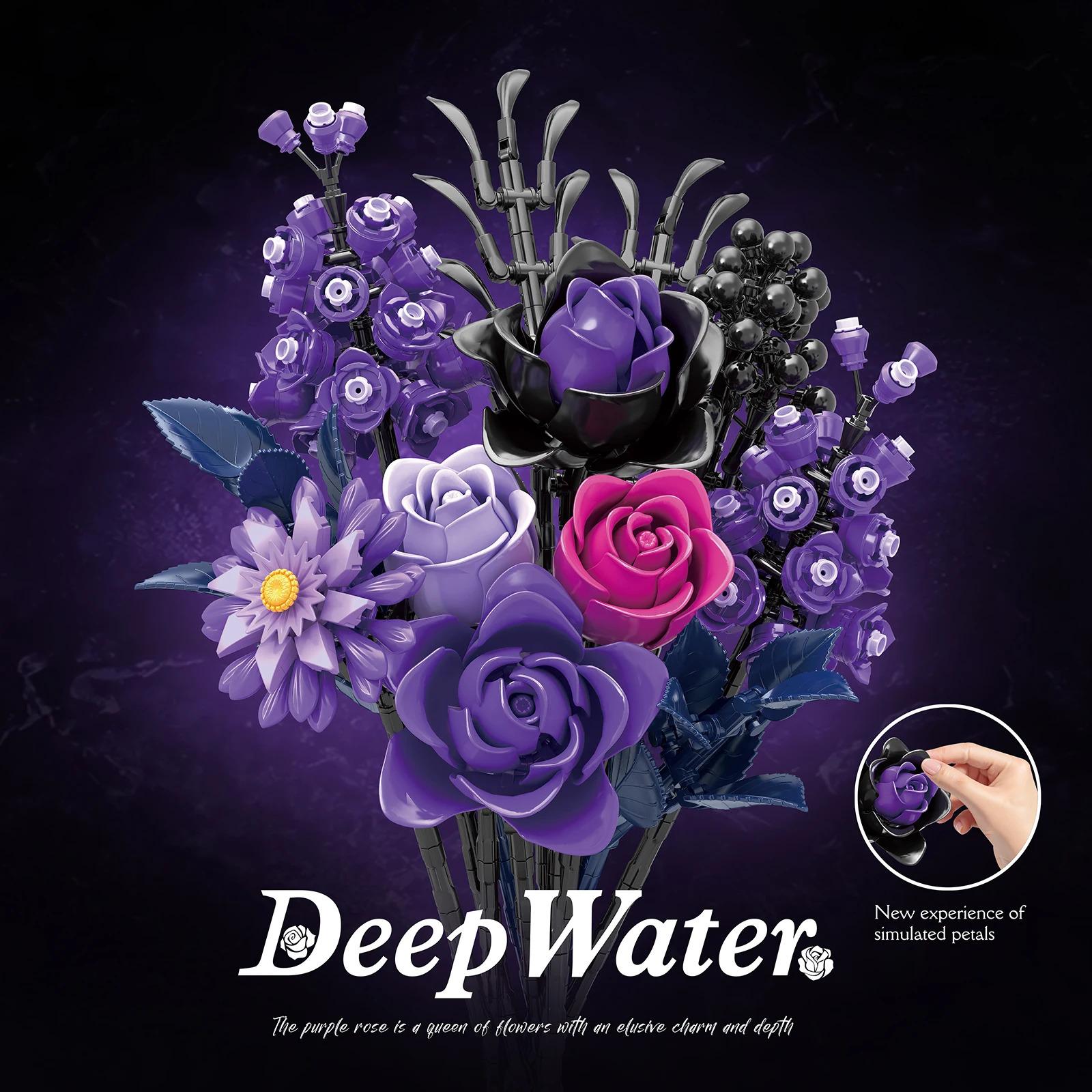 822PCS Purple Rose Gothic Bouquet Building Blocks Flowers Artificial Flowers Botanical Home Decor Valentines Mother's Day Gift