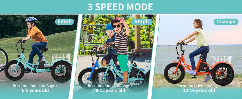 MOONCOOL Electric Tricycle for Youth, 35 Miles 16IN 3.0 Fat Tire Electric Trike, 3 Wheels Electric Bicycle Bikes, 250W Aluminum Frame Electric Tricycle Etrike with Removable Battery and Basket
